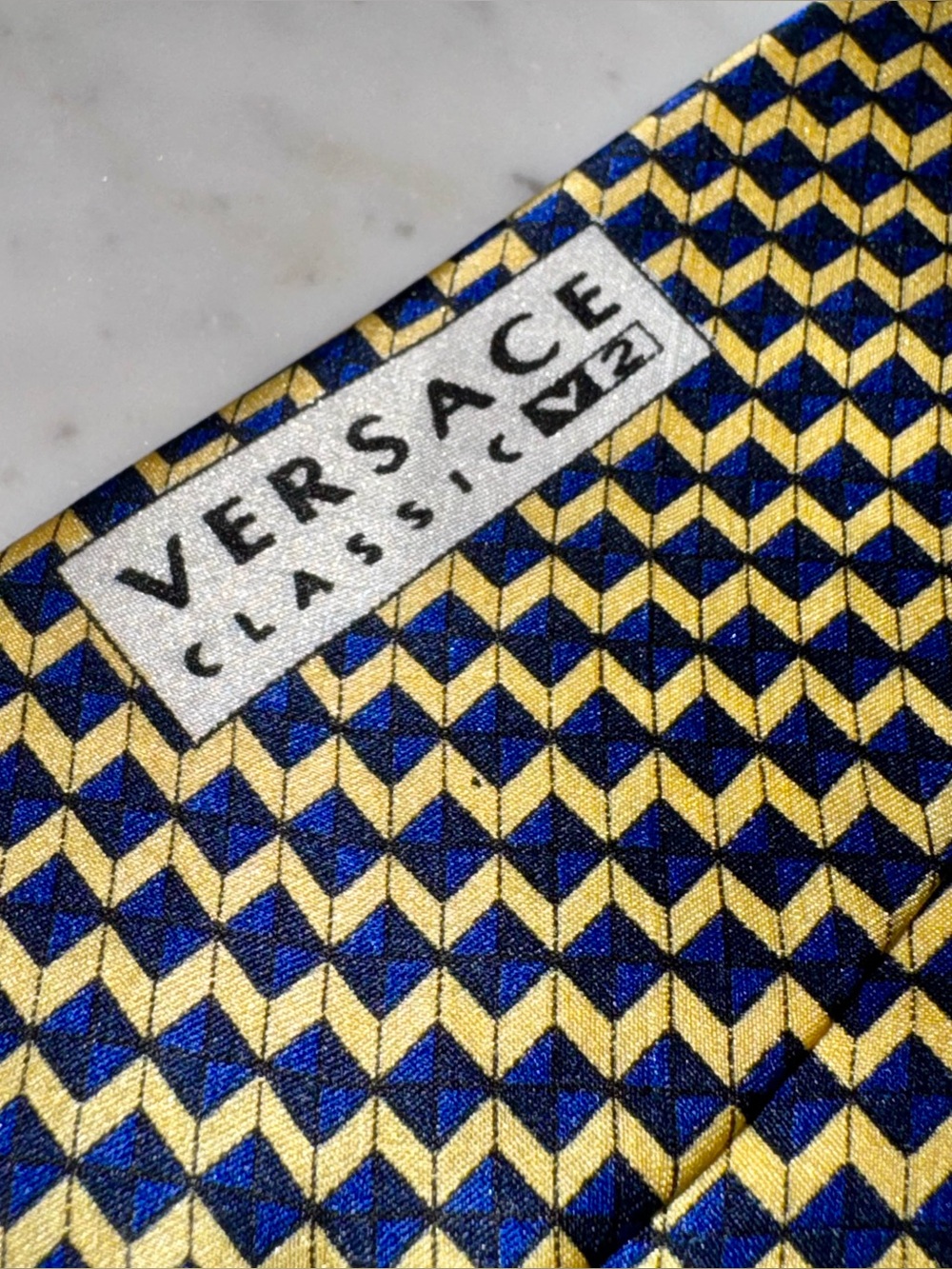 Versace 100% Silk Tie, Geometric Print in Navy Blue, Gold & Black